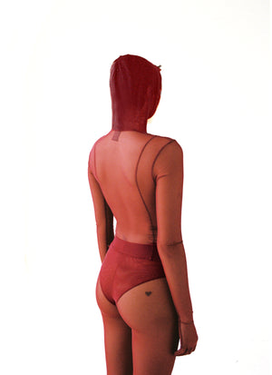 Crimson Red Sheer Mesh Hooded Jacket - 3/4 Back View