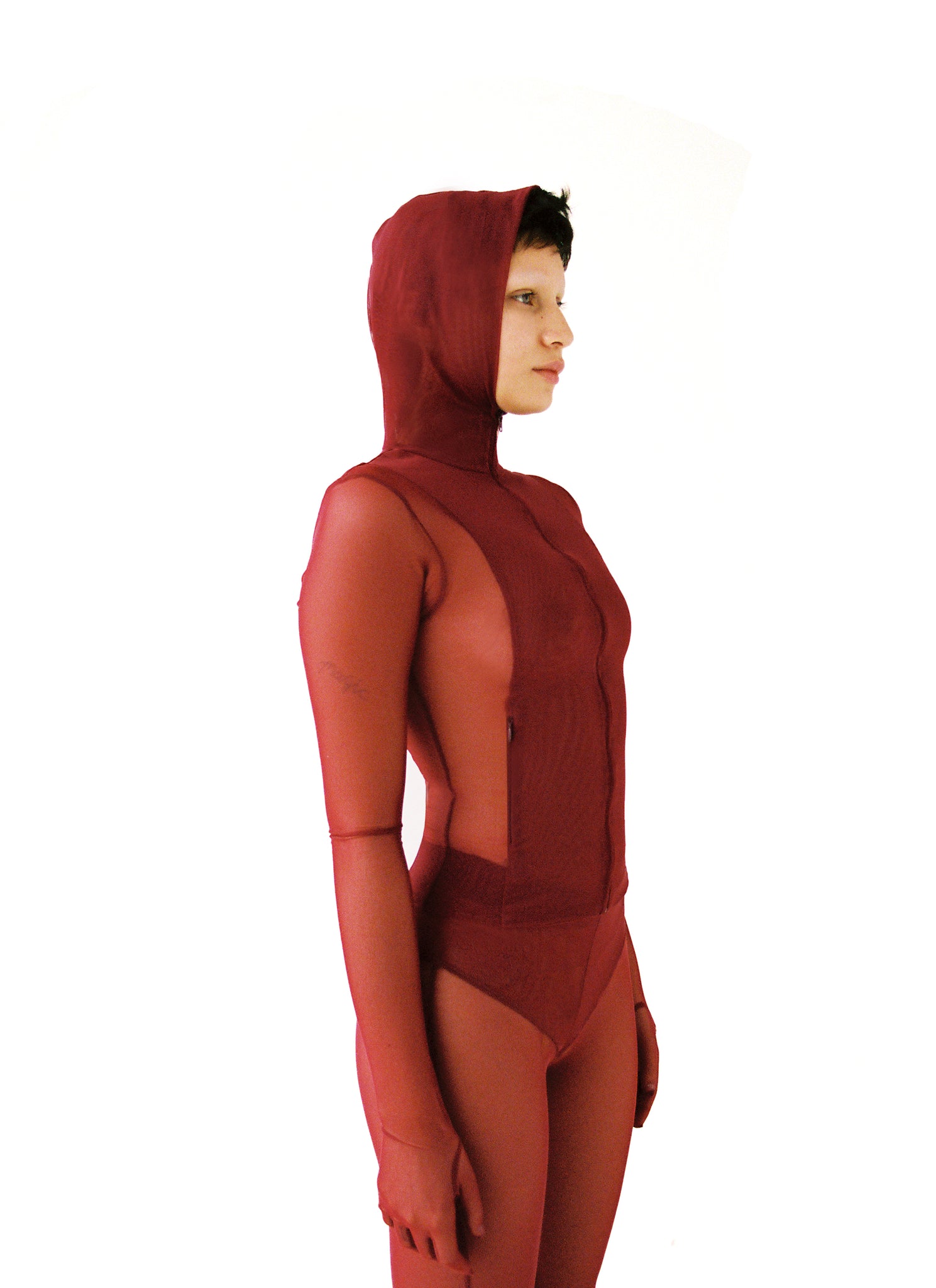 Crimson Red Sheer Mesh Hooded Jacket - 3/4 View