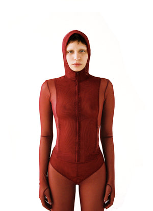 Crimson Red Sheer Mesh Hooded Jacket - Front View